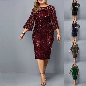 Vêtements de grande taille pour femmes Midi Chubby Fat Dress Mesh Paillettes élégantes Mariage Cocktail Party Été O-Cou 4XL 5XL 6XL 220210