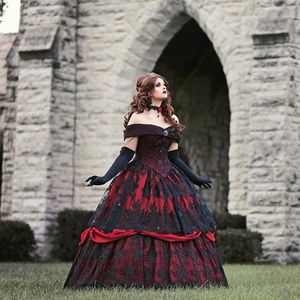 Plus La Taille Corset Gothique Robes De Mariée Étage Longueur Noir Et Rouge Vintage Robes De Mariée Dentelle Appliques Victorienne Robe De Novia