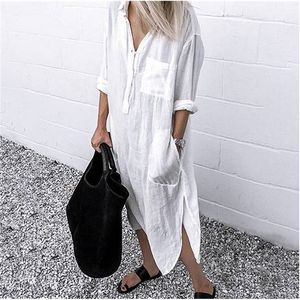 Grande taille coton lin femmes robe blanc à manches longues chemise décontracté femme robes automne plage mode dame vêtements 220303