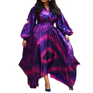 Vestidos de talla grande Vestido 2022 Púrpura Elegante para mujer Cintura alta Estampado suelto Falda larga Noche Retro Mangas abullonadas Venta al por mayor Direct SalesP