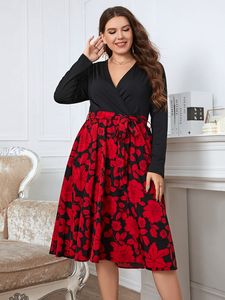 Plus size vestidos tamanho festa elegante manga longa roupas femininas primavera outono casual vneck floral impressão grande vestido 230920