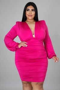 Robes de grande taille Taille femmes 4xl robe froncé solide élégant 2023 printemps dame fête col en V jupes automne femme luxe vêtements en gros 230912