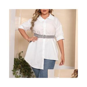 Robes de taille plus chemise de femmes blanches avec ceinture d'attente Drop bosser SHODER COUPE COURVE ASYMÉTRIQUE TOPS POUR OL BLOUGE BIG T6SO Livraison AP OTSLT