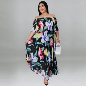 Vestidos de talla grande para mujer, 5xl, hombros descubiertos, estampado Floral, gasa, verano, Club, moda para mujer, vestido elegante con volantes, venta al por mayor