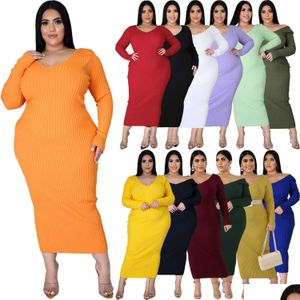 Robes grande taille femmes Designers vêtements 2022 automne hiver couleur unie à manches longues côtes Pit Stripe tricoté robe en coton à fond Sk Dhzak