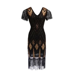 Vestidos de talla grande Vestido estilo flapper con dobladillo y borlas de lentejuelas de los años 20 para mujer Vestido de fiesta estilo Gatsby con flecos y bordado de hilo dorado de manga corta de talla grande 231024