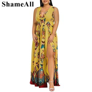 Robes Grandes Tailles Wrap V Neck High Split Long Maxi Beach Dress 4xl Summer Bohemia Sans Manches Évider Vintage Floral Print Party DressPlus