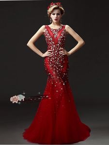 Robes de soirée grande taille queue de luxe lourde manuelle ongles perles robes de bal rouge champagne - nouvelles robes de soirée diamant licou épaules DH029