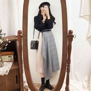 Grande taille Harajuku jupe longue gris à carreaux femmes chemisier costumes fille plissé vintage vendre séparément 210423