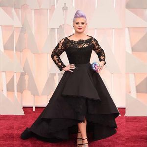 Robes de soirée longues grande taille Oscar Kelly Osbourne Celebrity Black Lace High Low Red Carpet Sheer Robes de soirée Ruffles Party Go223v