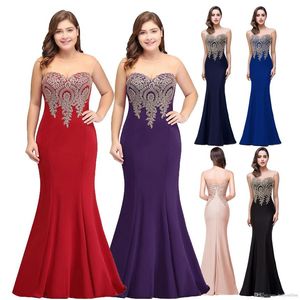 Plus Size Mermaid Evening Dress Gold Appliques Long Formal Women Party Prom Gowns Robe De Soiree Longue CPS262247w