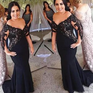 Vestidos de talla grande para madre de la novia Sirena Encaje negro Cuello transparente Manga larga Fiesta de boda Ocasión formal Vestidos de noche de graduación