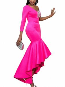 Tallas grandes Dres de fiesta rosa para mujer Un hombro Lentejuelas Borla Rosa Alto Bajo Sirena Noche formal Vestido de invitados de boda 4XL 04eL #