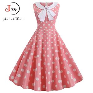 Plus Taille Polka Dot Vintage Dres Été Rose Rockabilly Bureau Party Casual Peter Pan Collier Bow Robe d'été Robes 210623