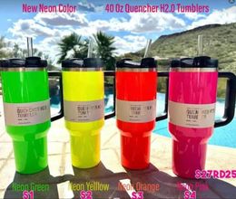 US Stock Colors de néon Pinade défilé H2.0 40oz en acier inoxydable gobelets tasses avec manche de couvercle et paille de voiture de voyage continue de boire des bouteilles d'eau de thé au lait froid