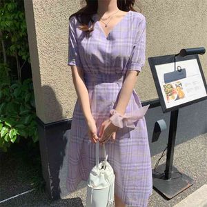 Grande taille Robe d'été filles Boho fête femme Vintage violet plaid à lacets à manches courtes femmes es Robe Vestido 210423