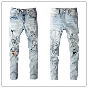 Tallas grandes W40 Jeans para hombre Famosa marca 2022SS Washed Leopard Patch Designer Slim-pierna Jean Slim Peso ligero Stretch Denim Skinny Black Blue Pants