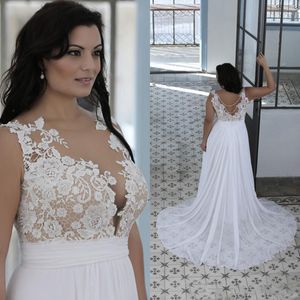 Vestidos de novia de talla grande Mujeres gordas Cariño Sheer Bateau Neck Beach Top de encaje Vestidos de novia Desnudo blanco Vestido de novia de alta calidad barato