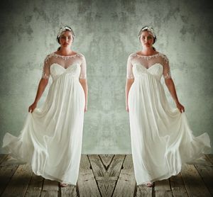 Robes de mariée grande taille avec demi-manches pure bijou cou une ligne dentelle appliques robes de mariée en mousseline de soie taille empire robe de mariée