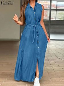 Plus taille femme denim robes longues zanzea décontracté manches en bas de couilles à la taille maxi