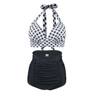 Plus taille Femmes Halter Top Bikini Set High Taist Push Up Maignure Plaid Vintage Sexy Place Bathing Fult Swim Wear Retro xxl xxxl 240409