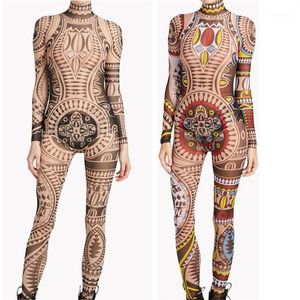 Grande taille femmes Tribal tatouage impression maille combinaison barboteuse Curvy africain aztèque body célébrité Catsuit survêtement Jumpsuit1299E