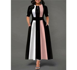 Robe trapèze vintage grande taille pour femme, manches mi-longues, robes de soirée, en polyester, longue, rose, jaune, violet, été, décontractée8425937