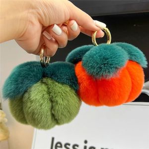 Boule en peluche véritable Rex fourrure de lapin porte-clés mignon citrouille jouet bibelot femmes sac à main pendentif voiture porte-clés anneau en métal ornement fille cadeau 240104