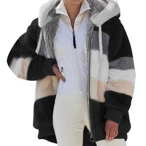 Manteau à capuche en peluche Veste polaire épaisse Mode d'hiver Manteau pour femme Nouveau Casual Hooded Zipper Ladies Clothes Cachemire Femmes Couture Plaid Ladies Coats