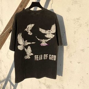Pnrn Herren T-Shirts Saint Michael Holding Rose Co Branded Fog White Pigeon Print High Street Wash Vintage Kurzarm T-Shirt Sommer