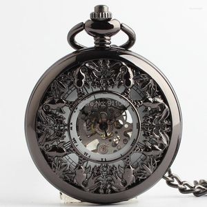 Montres de poche 10 pièces/lot noir creux mécanique main vent montre squelette cadran romain hommes en gros