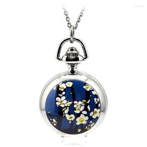 Montres De poche A124 argent Quartz Fob collier pendentif Relogio De Bolso émail femmes montre fleur De pêche dame cadeau