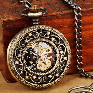 Montres de poche Antique Steampunk montre mécanique collier en Bronze boîtier creux squelette main vent Fob pendentif chaîne horloge pour hommes