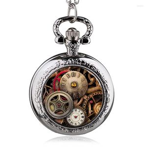 Relojes de bolsillo llegada Vintage bronce/plata/negro engranaje de cristal esqueleto Steampunk medallón collar reloj colgante