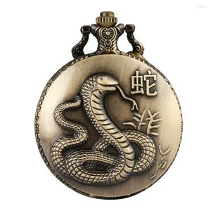 Montres de poche Bronze zodiaque chinois serpent montre pendentif collier complet Fob chaîne rétro horloge unisexe cadeaux