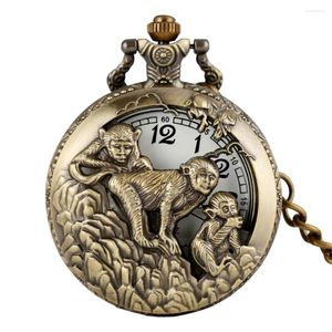 Montres de poche en Bronze, montre à Quartz, Design singe du zodiaque chinois, Steampunk, chiffres arabes, horloge, collier Fob, cadeaux pour hommes et femmes