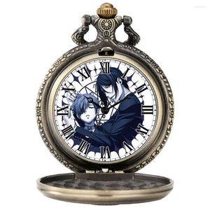 Relojes de bolsillo Tema de diácono oscuro Reloj de anime japonés Vintage Latón Número blanco Esfera fina Útil Colgante de aleación Cadena gruesa Hombre Mujer