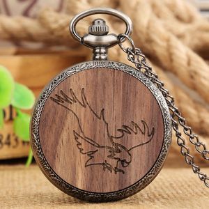 Montres de Poche Aigle Gravé Rond Bois Décoratif Gris Noir Quartz Collier Montre Rétro Alliage Montre Chiffres Arabes Cadran Analogique Poche