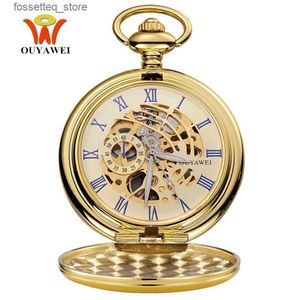 Pocket Watches Luxury Golden Mechanical Pocket for Men Skeleton Hand Wind Fob con cadenas Relojes colgantes antiguos Regalos L240322