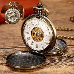 Relojes de bolsillo tren de vapor reloj mecánico hombres doble diseño bronce/plata colgante cadena reloj estilo antiguo regalo hombre