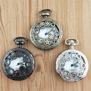 Pocket Watches Steampunk Copper Vintage Hollow Gear Quartz Watch Necklace Pendant Clock Chain Men Women