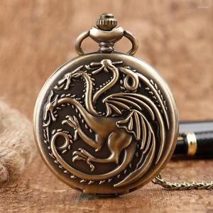 Pocket Watches Three-headed Dragon Quartz Watch Vintage Bronze Fire Monster Necklace Antique