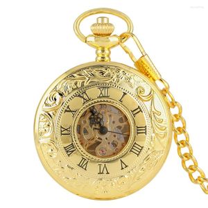 Montres de poche Top luxe couleur or Antique mécanique squelette montre remontage à la main Double chaîne latérale ouverte horloge Reloj De Bolsillo