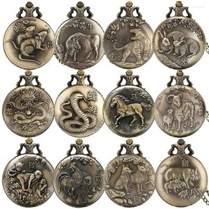 Relojes de bolsillo Vintage Bronce Zodiaco Chino Rata/Buey/Tigre/Dragón/Serpiente/Caballo/Oveja/Mono/Gallo/Perro/Cerdo Collar de Cuarzo