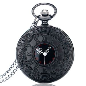 Montres De Poche Vintage Charme Noir Unisexe Mode Chiffre Romain Quartz Steampunk Montre De Poche Femmes Homme Collier Pendentif avec Chaîne Cadeaux P427 230518