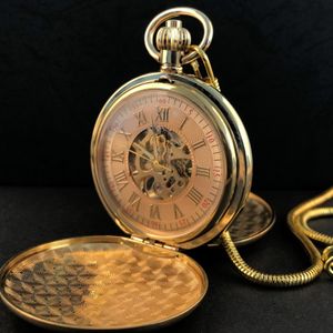 Relojes de bolsillo Vintage Gold 2 Lados Caja abierta Reloj de bolsillo Mecánico Cuerda manual Hombres Mujeres Relojes de bolsillo Colgante con reloj de cadena 230325