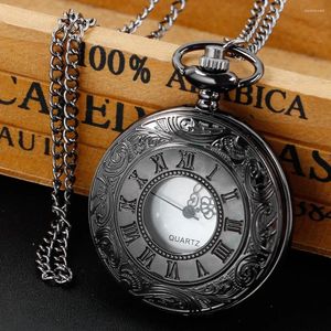 Montres de poche Vintage Watch Watch All Black Quartz Pendant avec Chain Clock Men Femmes