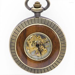 Relojes de bolsillo Vintage madera círculo tallado número Dial mecánico reloj hombres único hueco Steampunk bronce mano viento