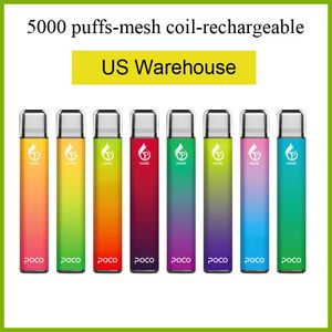 Poco Huge 5000 bouffées de bobine de maille Cigarette électronique Vape jetable avec batterie de 950 mAh et cartouche de 15 ml Entrepôt local américain