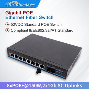 Poe Switch Gigabit 8port 10/100/1000Mbps 8xpoe + 1x1 Go SC Links Fibre Media Converter 48VDC Interrupteur d'agrégation industrielle